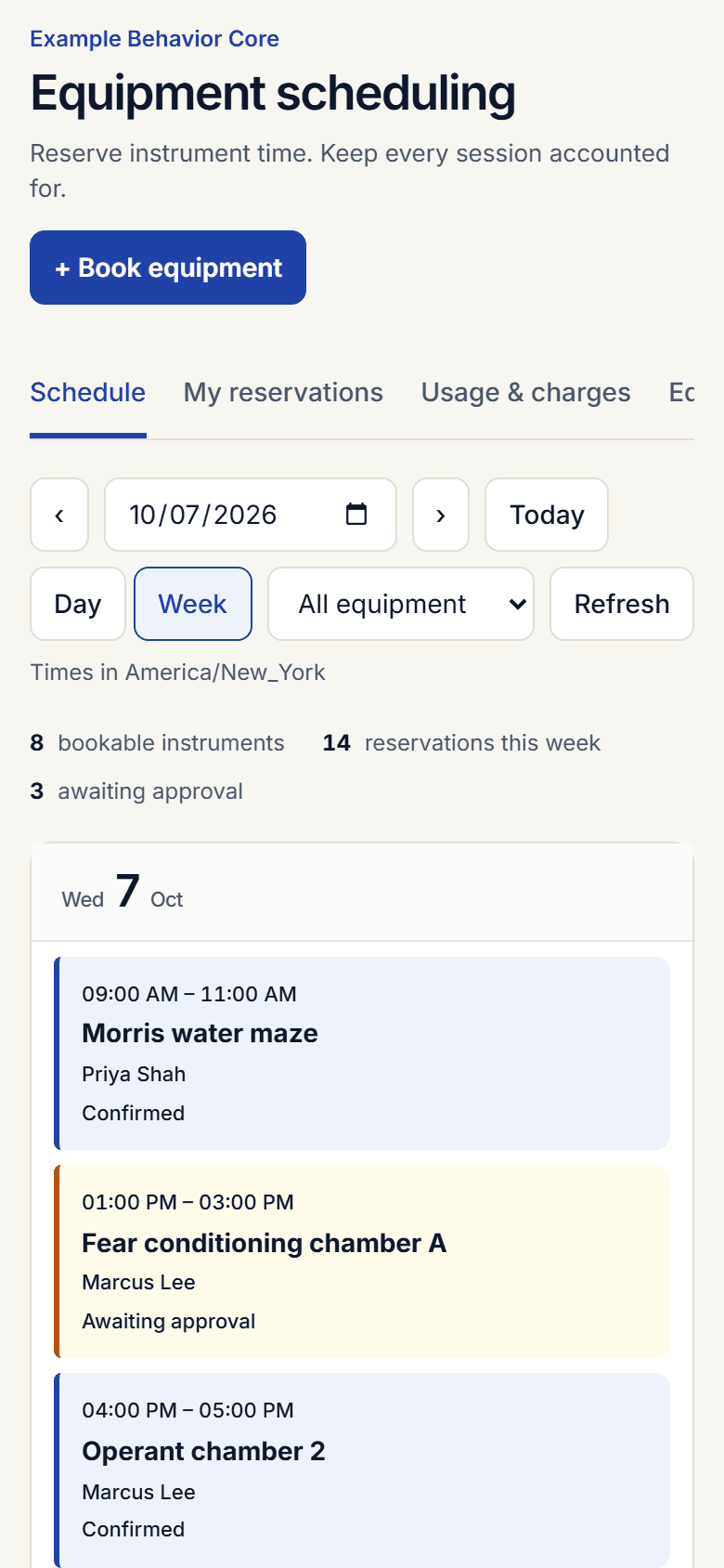 Phone view of the example core's daily agenda with reservations listed by time.